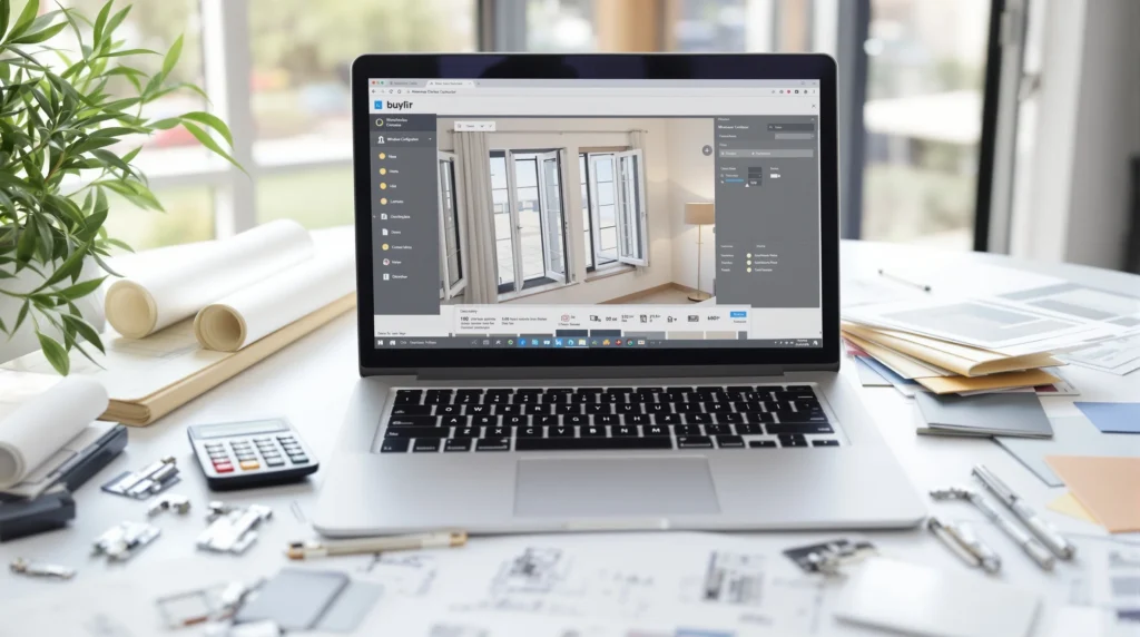 Moderner Laptop auf einem sauberen Büroschreibtisch. Auf dem Bildschirm ist ein Fensterkonfigurator zu sehen. Daneben liegen Architektenpläne, Muster von Fensterbeschlägen wie Scharniere und Griffe sowie ein Kaffeebecher.